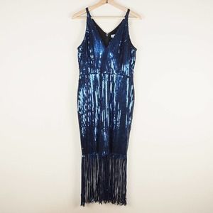 Dress The Population Frankie Plunging Sequin Fringe Midi Dress Blue Sz M